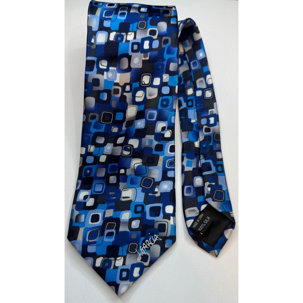 J. Garcia Mens Silk Necktie Blue Geometric Squares Collector's Edition No. 2013